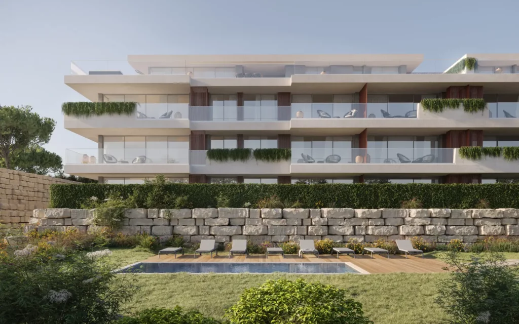 Modern apartment building with pool