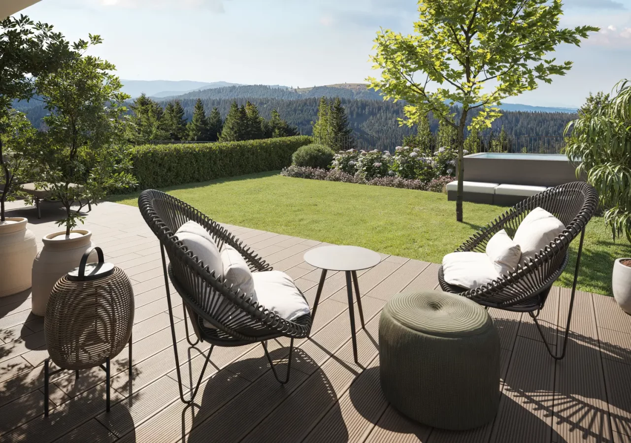 Stylish outdoor seating with scenic view