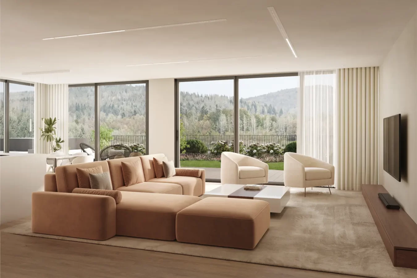 Modern living room with scenic view